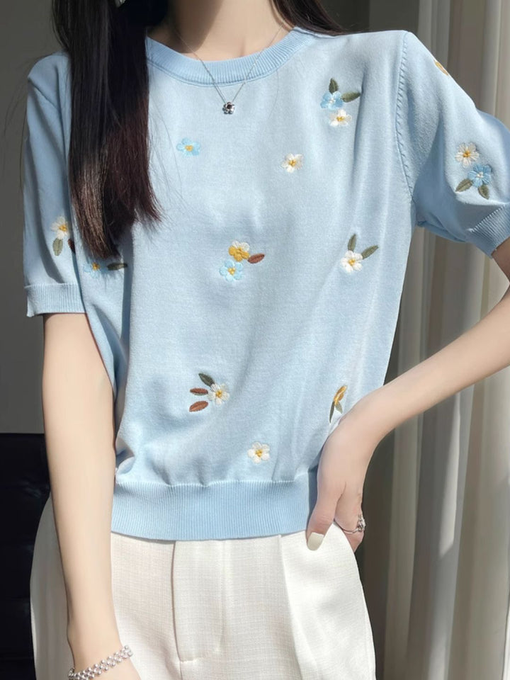 Crew Neck Embroidered Knitted Short Sleeves
