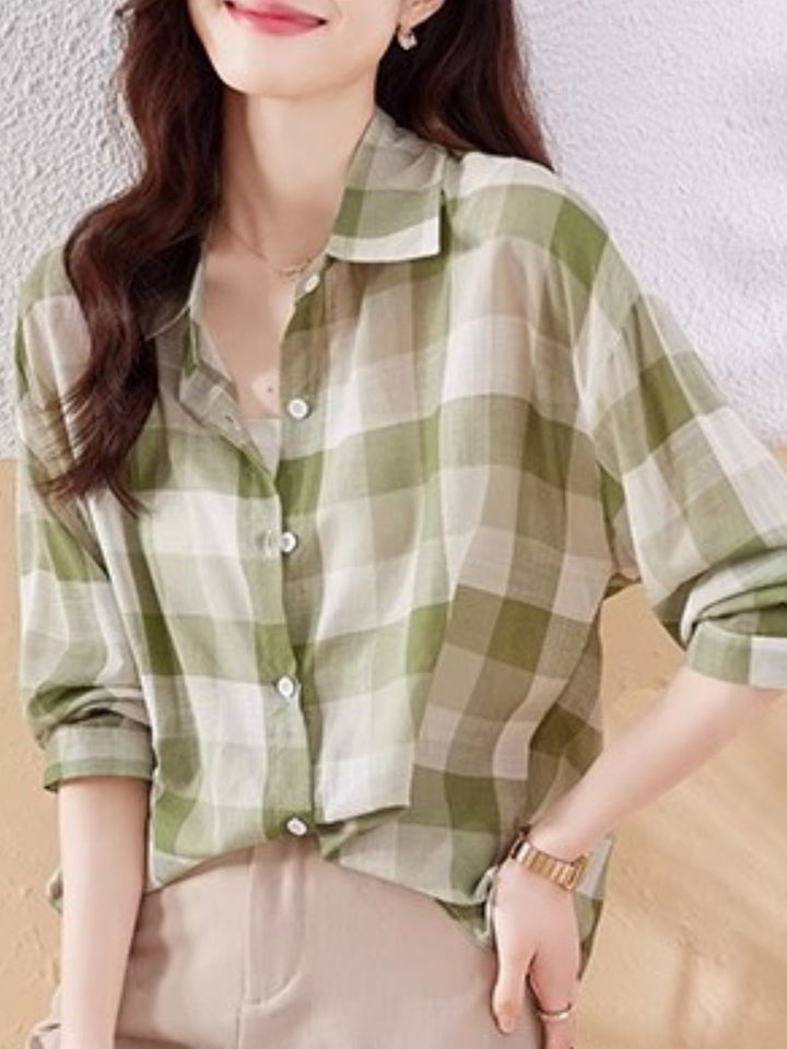 Plaid Chiffon Long Sleeve Shirt - Green