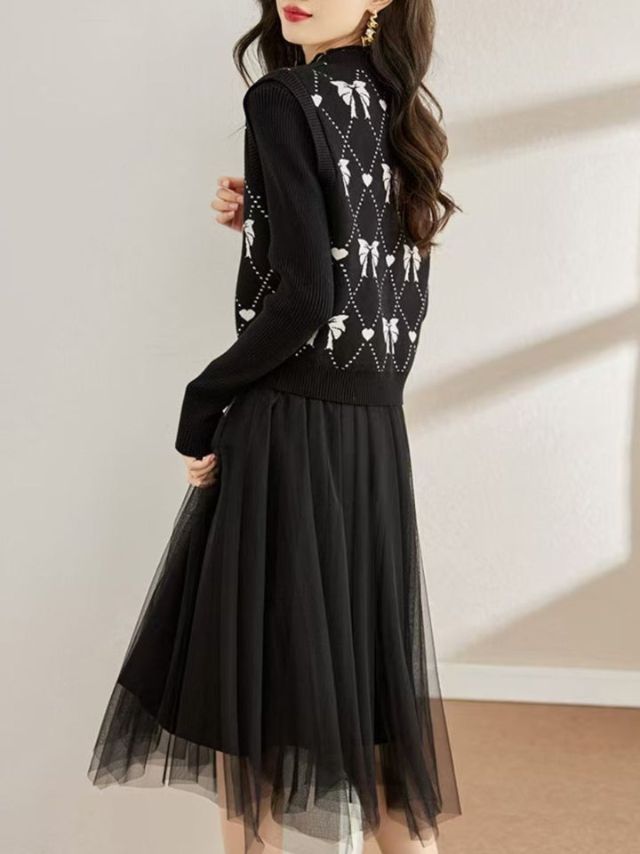 Fashion Knitted Two-piece Dress - Black