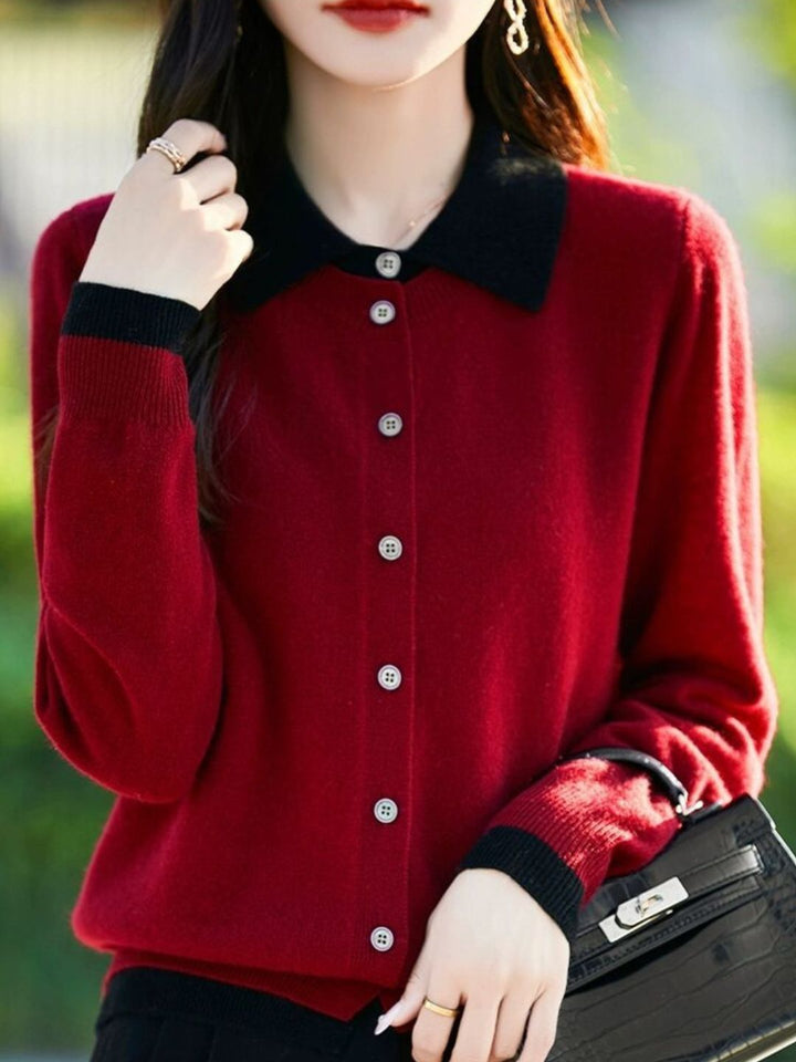 Casual Lapel Colorblock Knit Cardigan Set - Red
