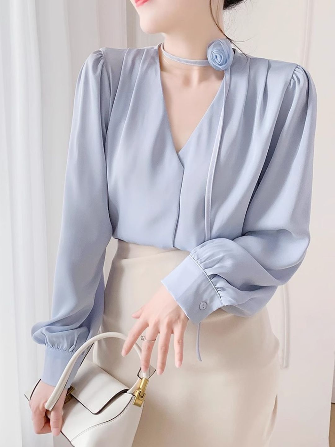 Gentle Style Rose Halter Neck Chiffon Shirt - Blue