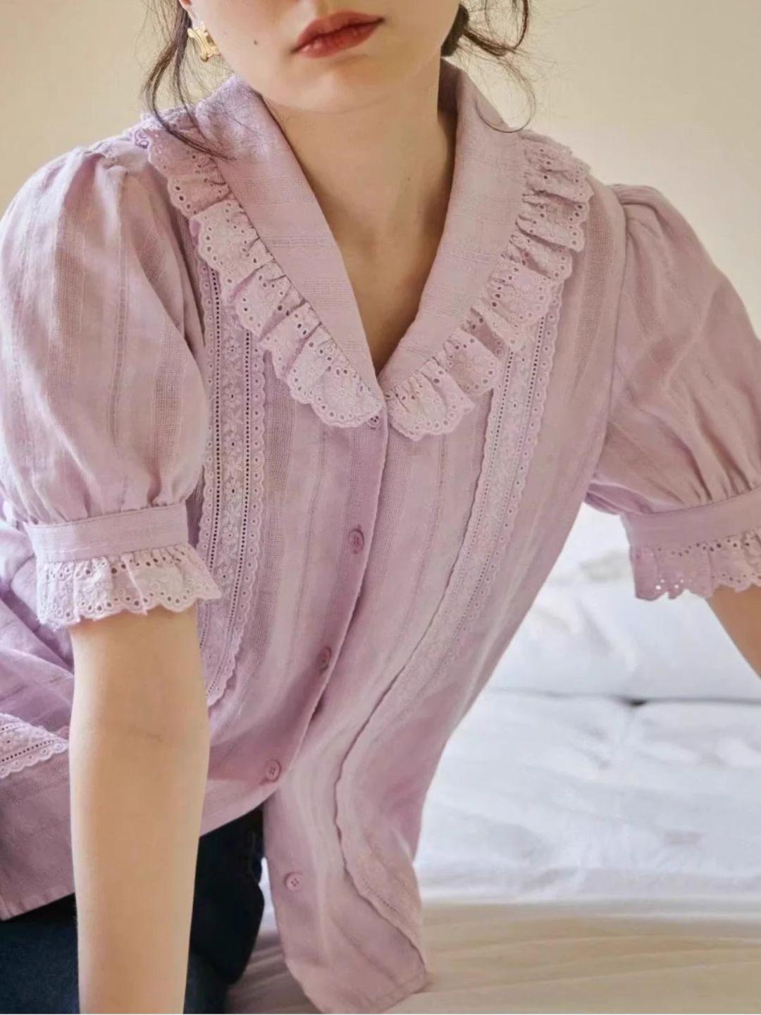Lace Lapel Short Sleeve Shirt - Purple