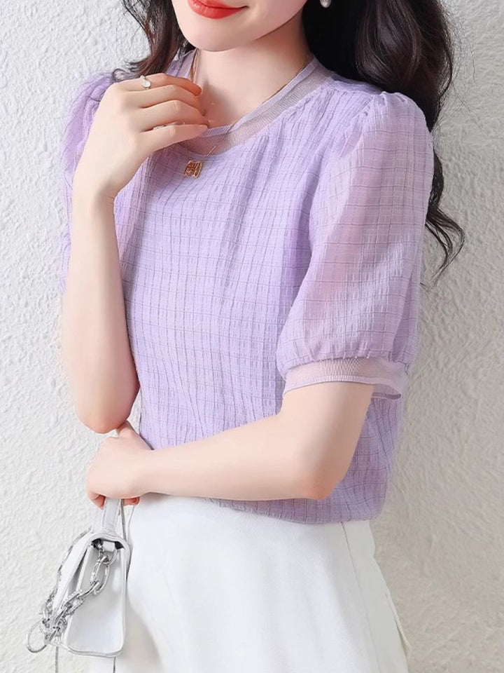 Round Neck Plaid Chiffon Shirt