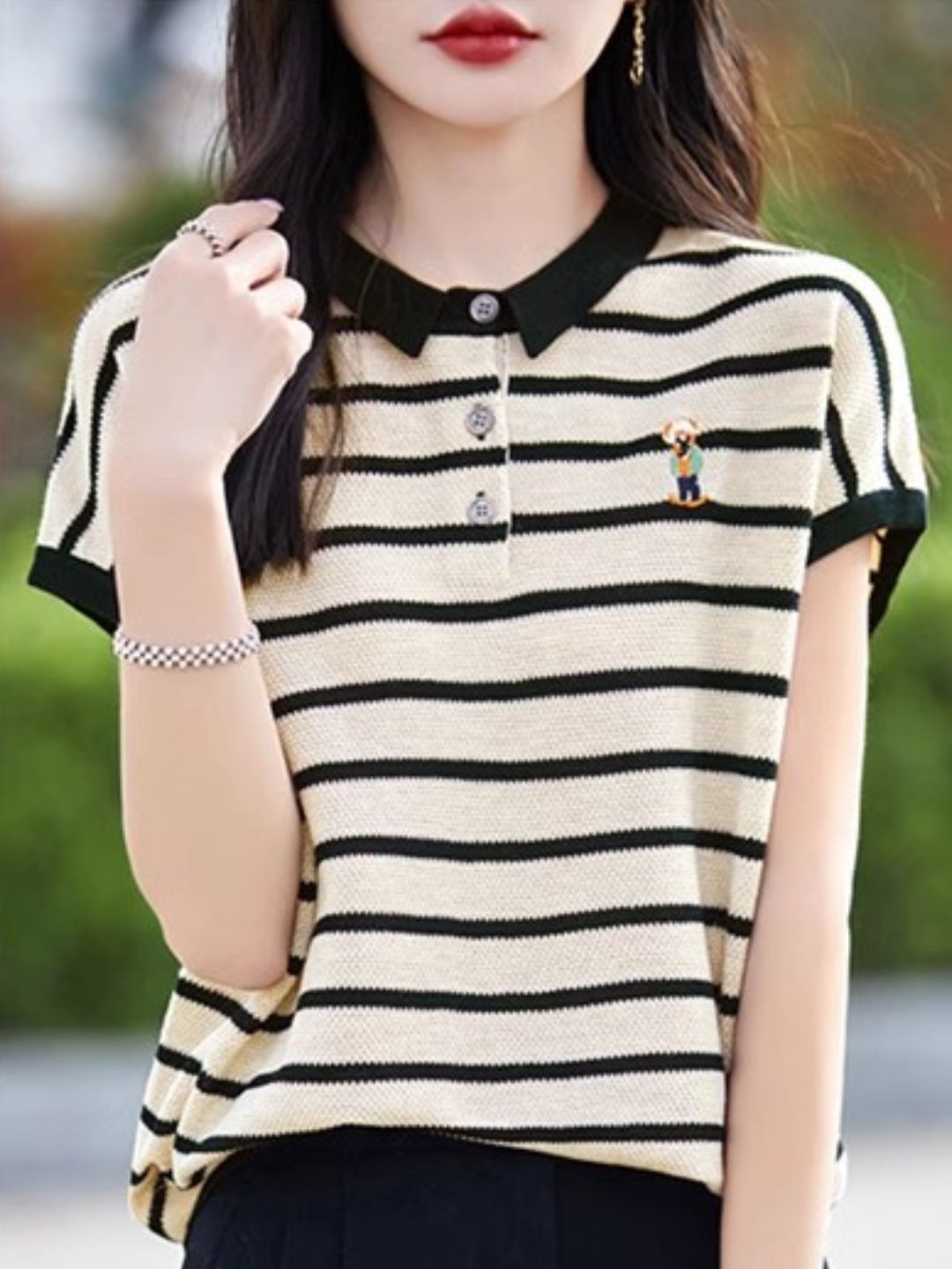 Contrast Stripe Polo Neck T-Shirt