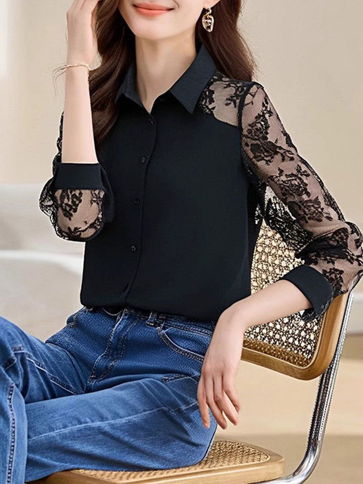 Lace Loose Lapel Chiffon Shirt - Red