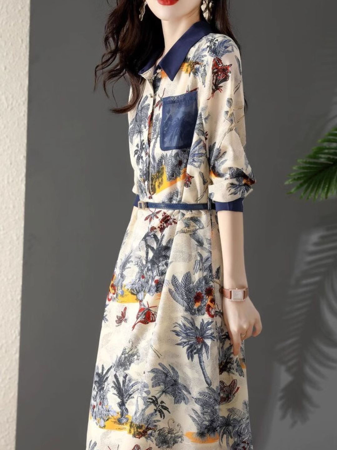 Elegant Print Lapel Dress
