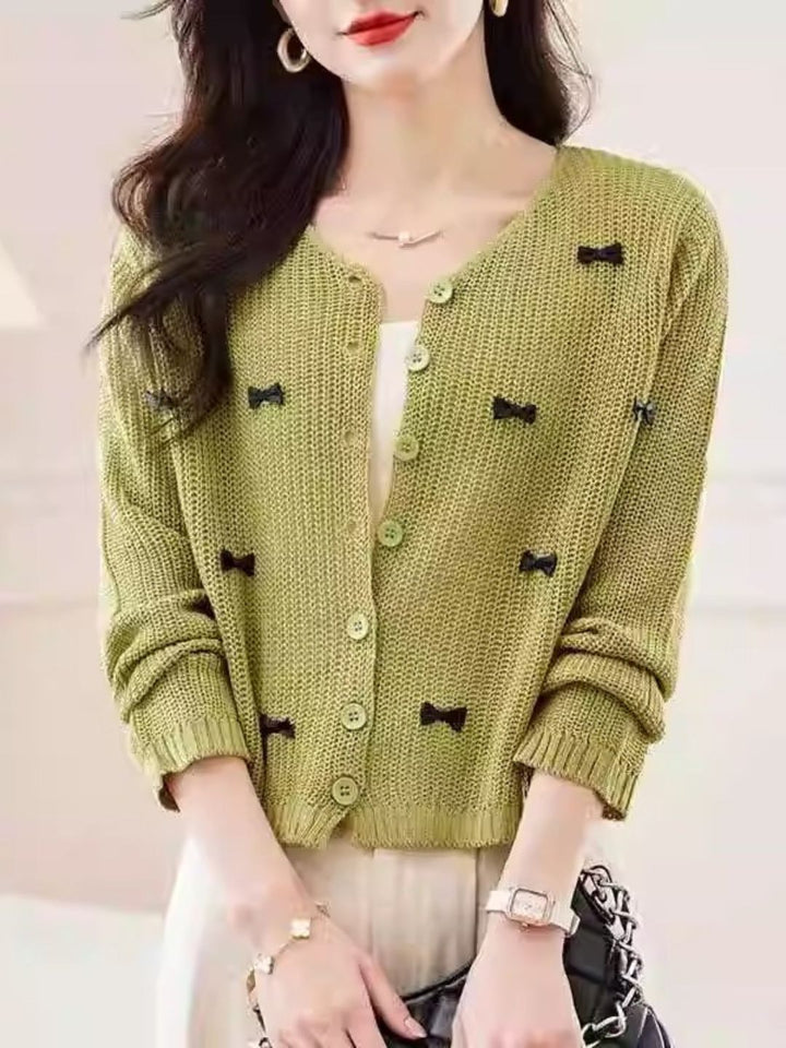 Classic Crew Neck Bow Knitted Top - Green