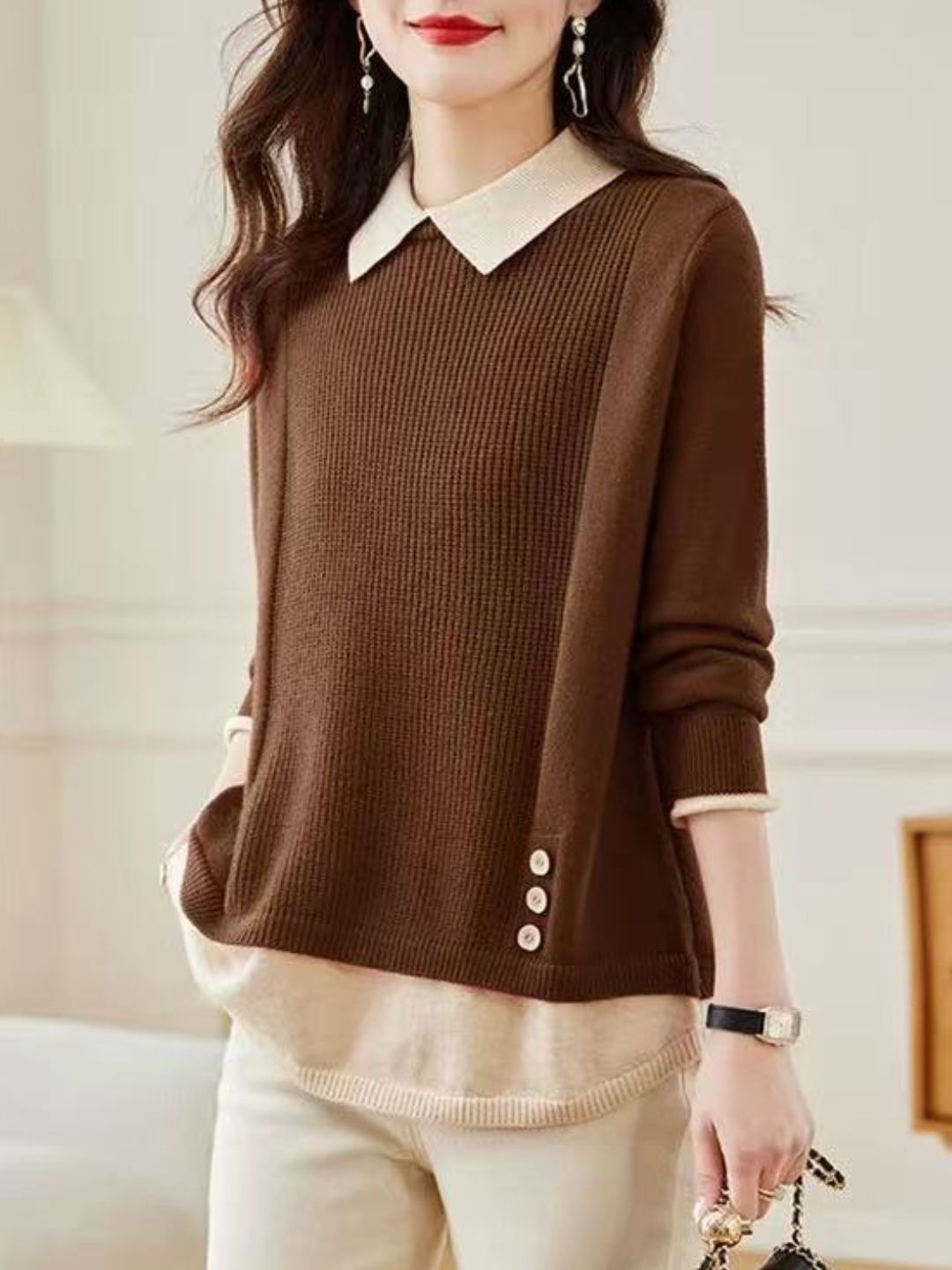 Classic Casual Lapel Sweater - Red