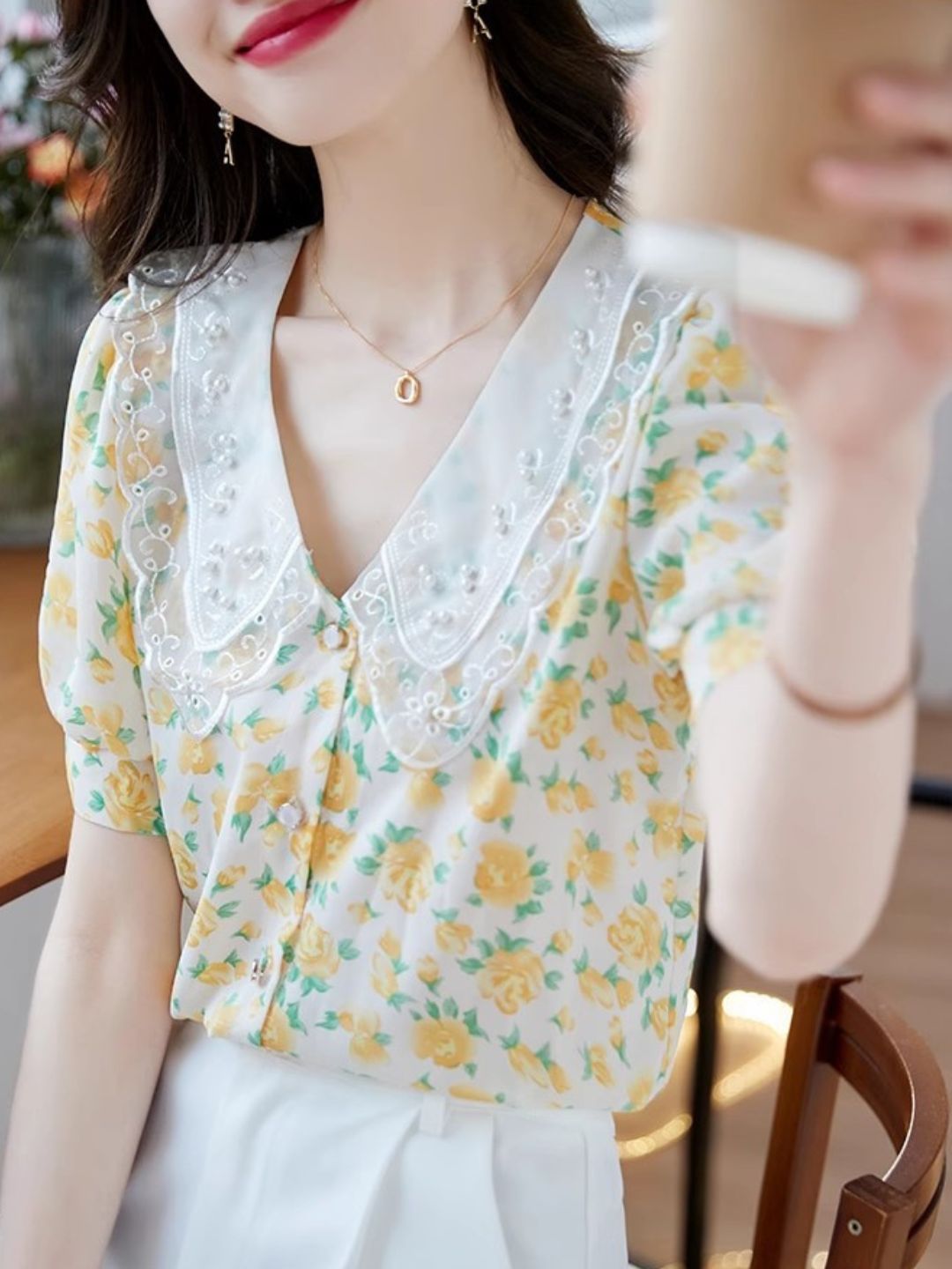 Classic Floral Printed Beaded Chiffon Shirt -Blue