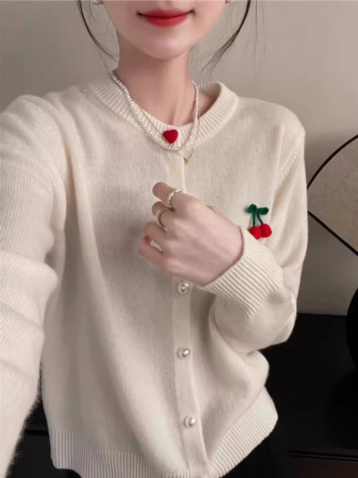 Round Neck Heart Single Breasted Knitted Cardigan -Red