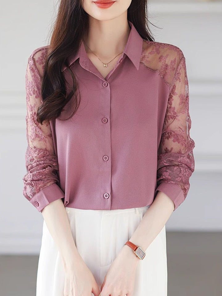 Lace Loose Lapel Chiffon Shirt - Red