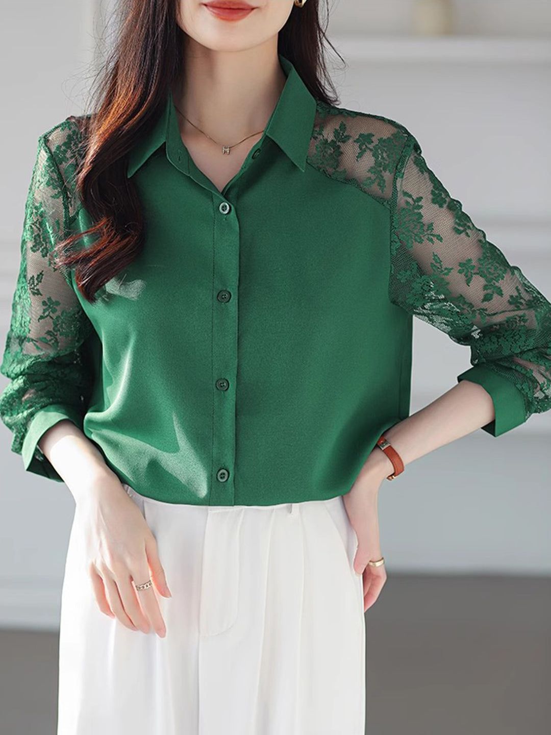 Lace Loose Lapel Chiffon Shirt - Red