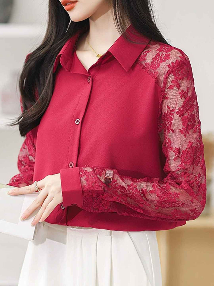 Lace Loose Lapel Chiffon Shirt - Red