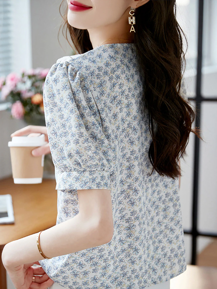 Classic Floral Printed Beaded Chiffon Shirt -Blue