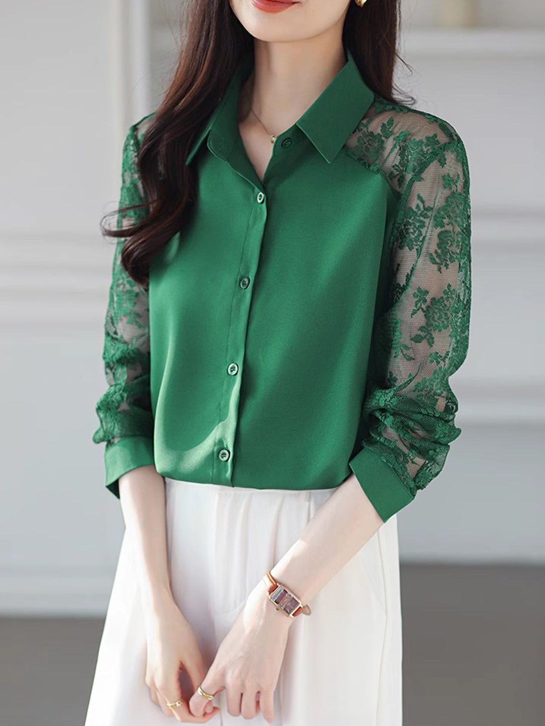Lace Loose Lapel Chiffon Shirt - Red