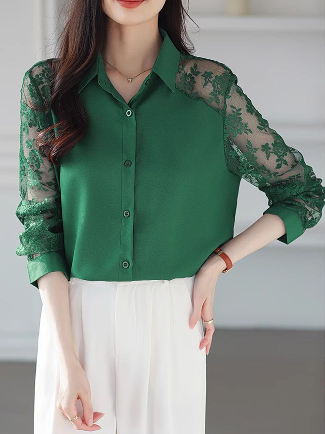 Lace Loose Lapel Chiffon Shirt - Red