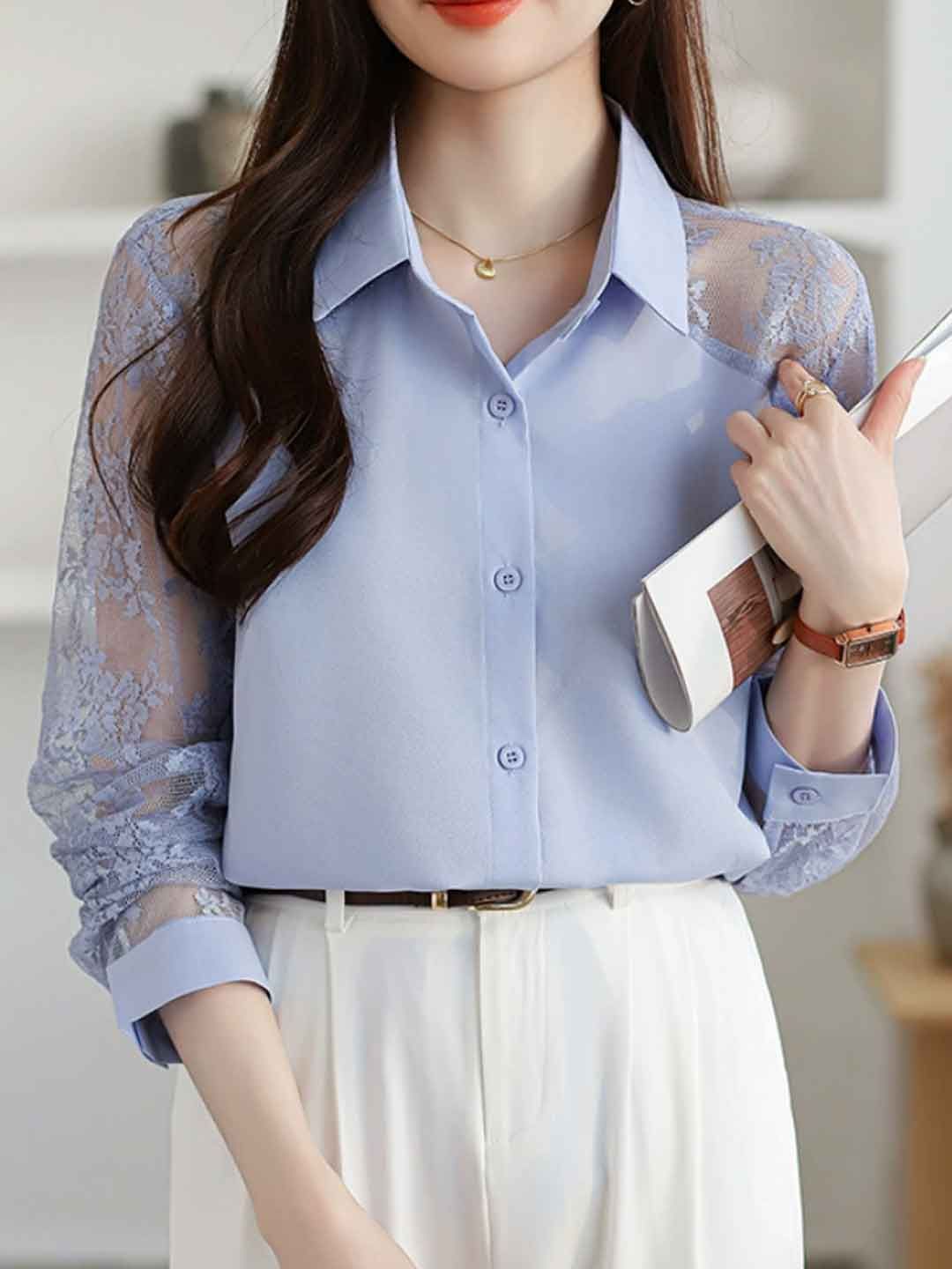 Lace Loose Lapel Chiffon Shirt - Red