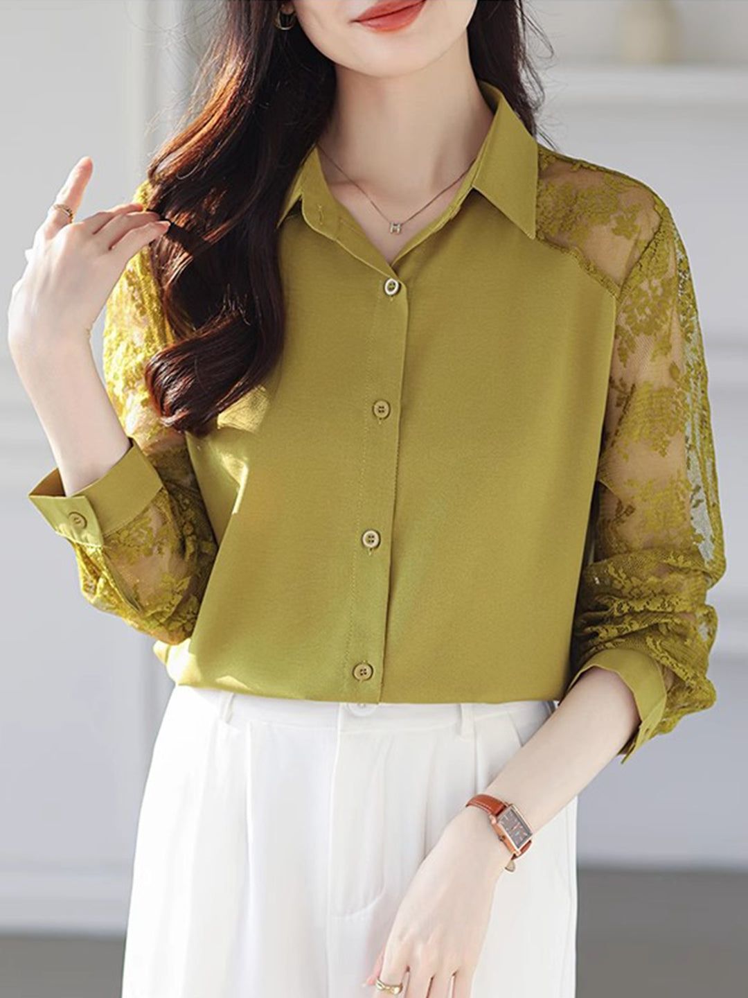 Lace Loose Lapel Chiffon Shirt - Red