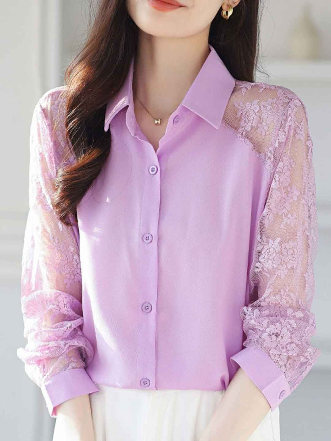 Lace Loose Lapel Chiffon Shirt - Red