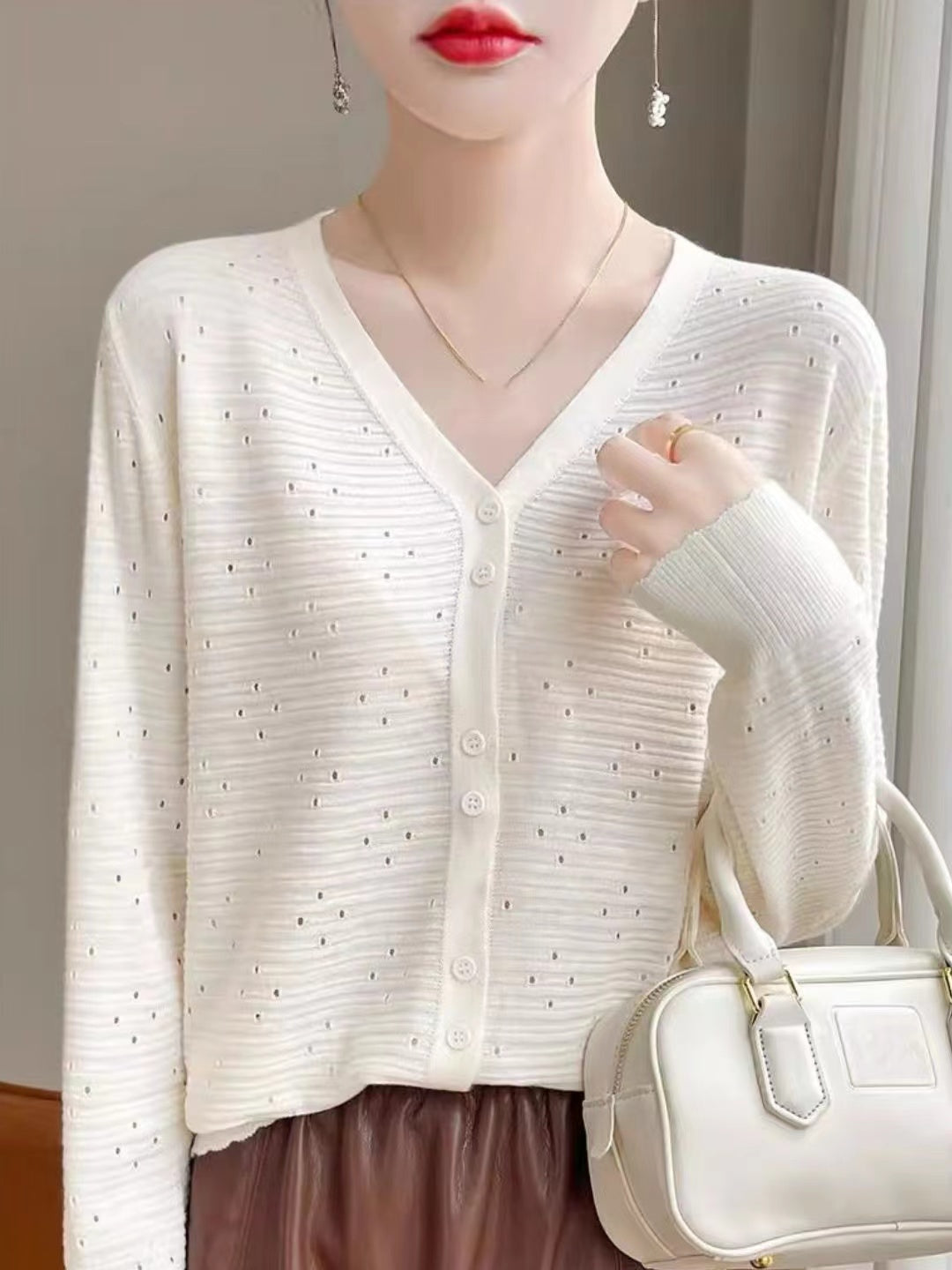 Long Sleeve V-Neck Top Hollow Knit Cardigan - Pink