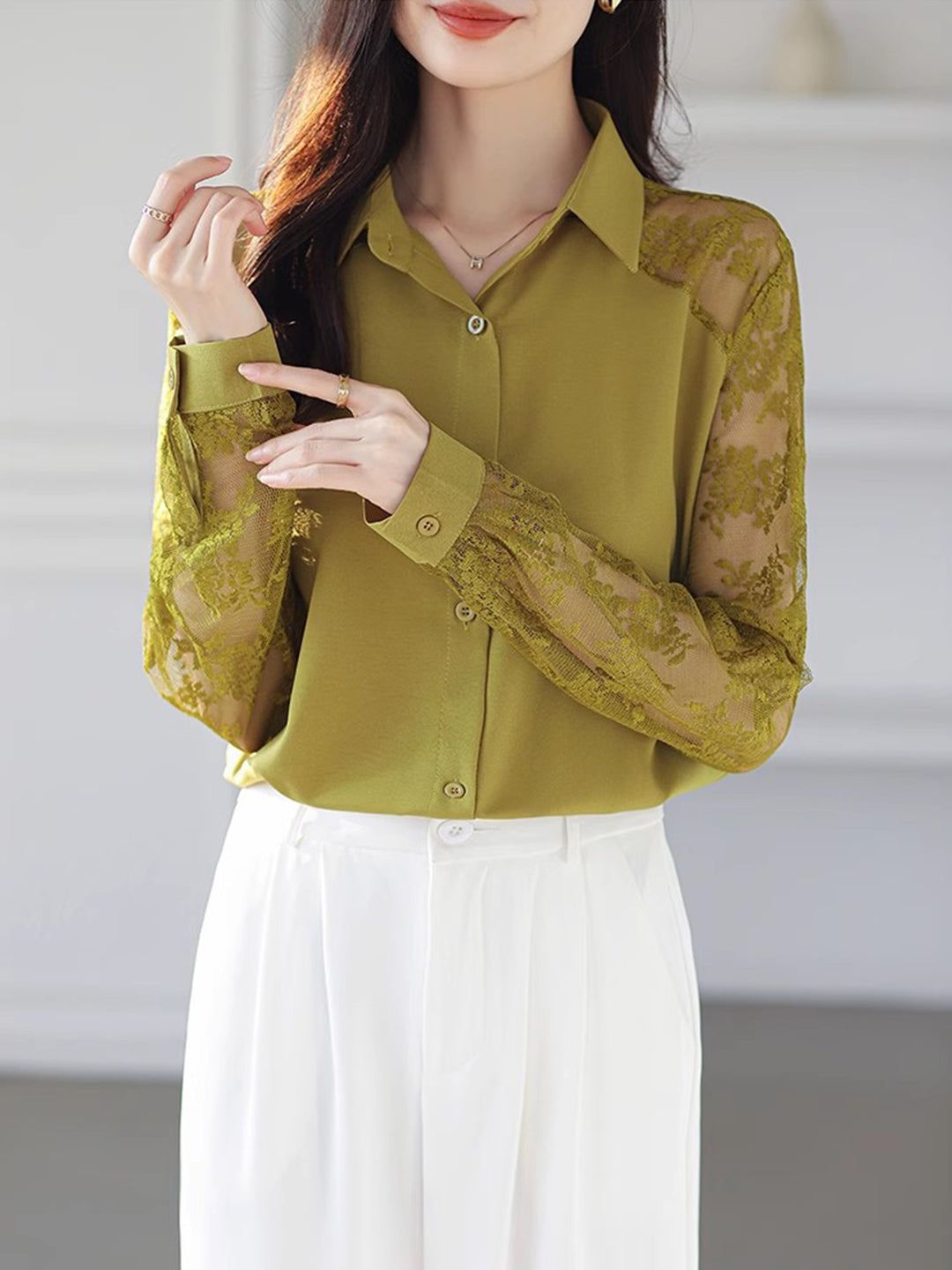 Lace Loose Lapel Chiffon Shirt - Red
