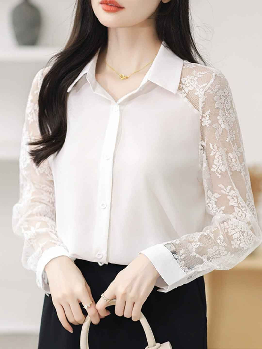 Lace Loose Lapel Chiffon Shirt - Red