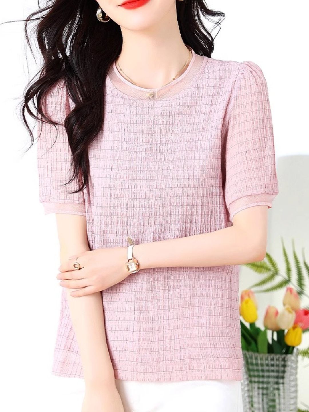 Round Neck Plaid Chiffon Shirt