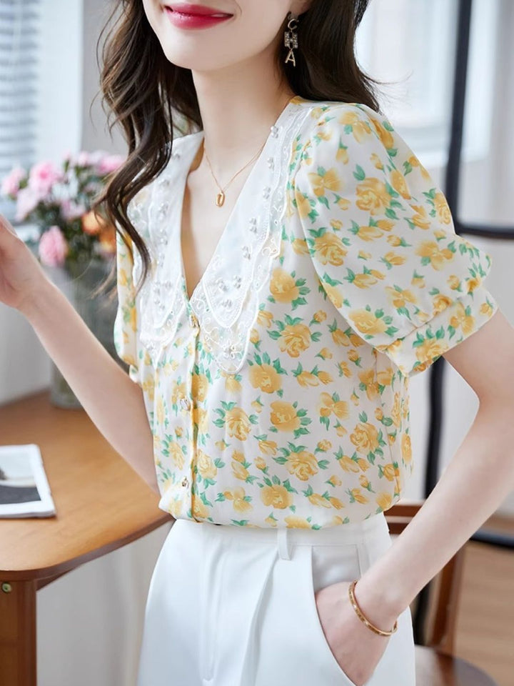 Classic Floral Printed Beaded Chiffon Shirt -Blue