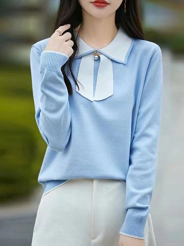 Doll Collar Bow Colorblock Knitted Top