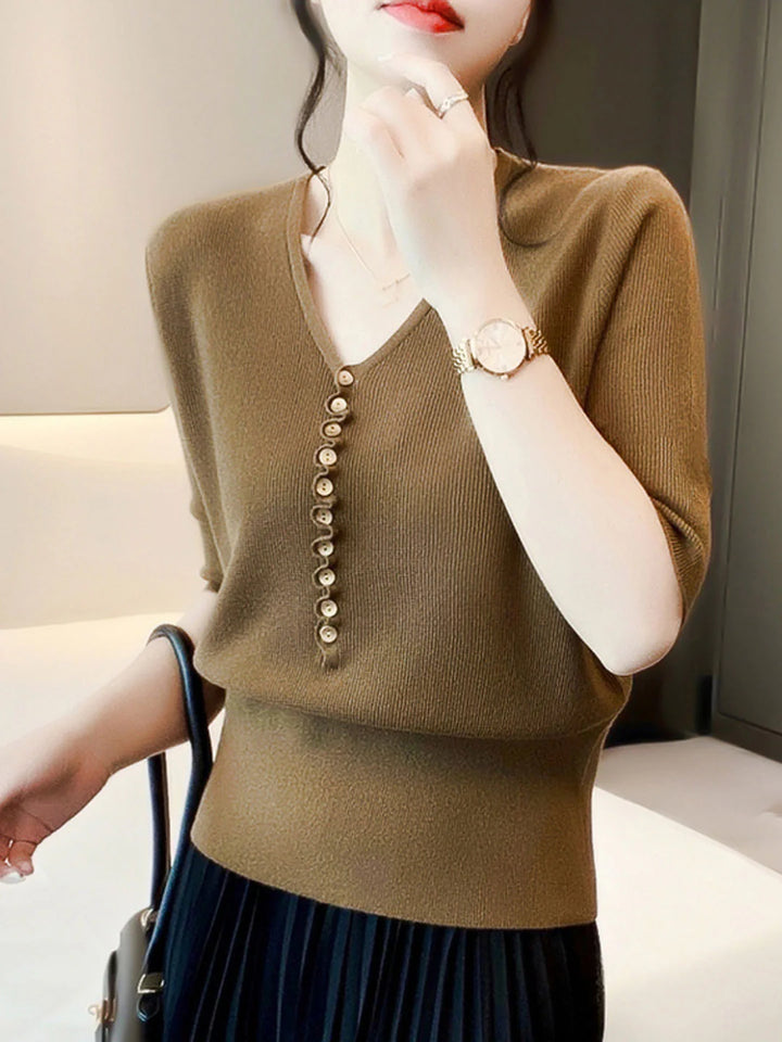 Loose V-Neck Button Knitted Top - Orange
