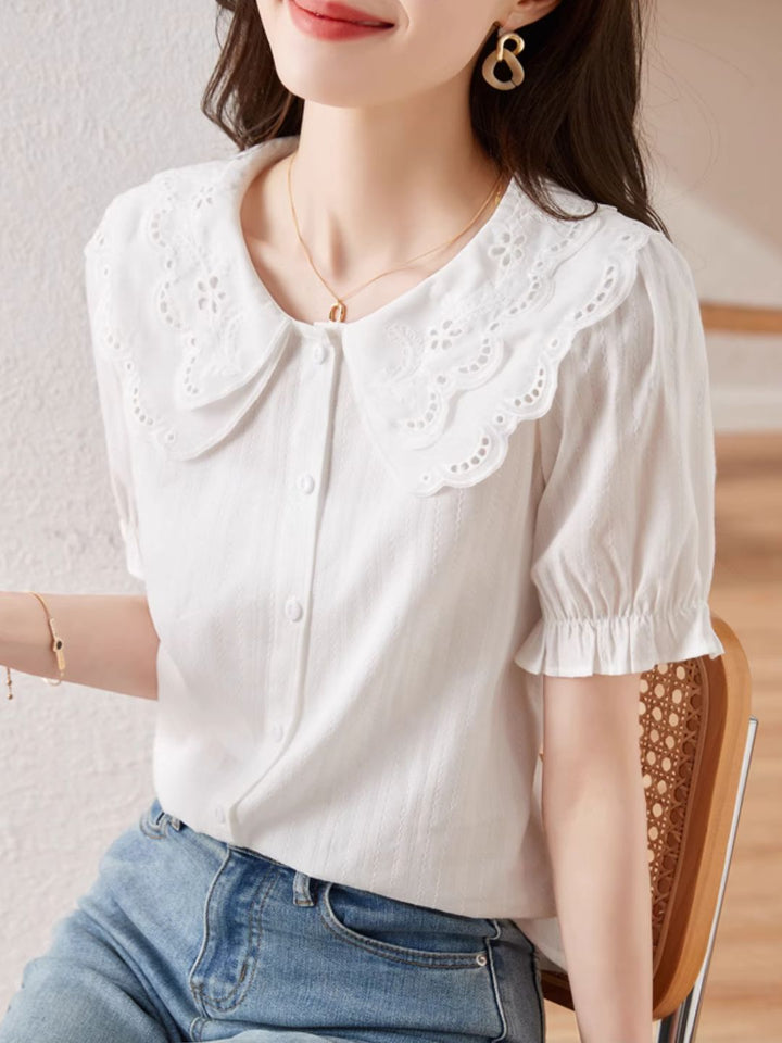 French Lace Double Collar Puff Sleeve Shirt