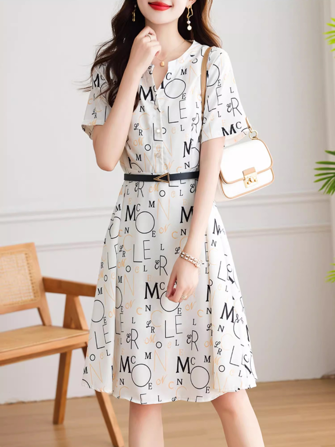 Letter V-neck Chiffon Dress