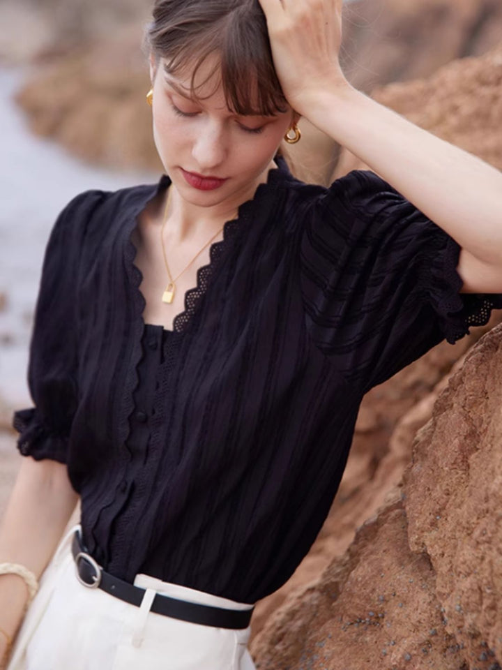 Lace V-neck Short-sleeved Shirt-Black