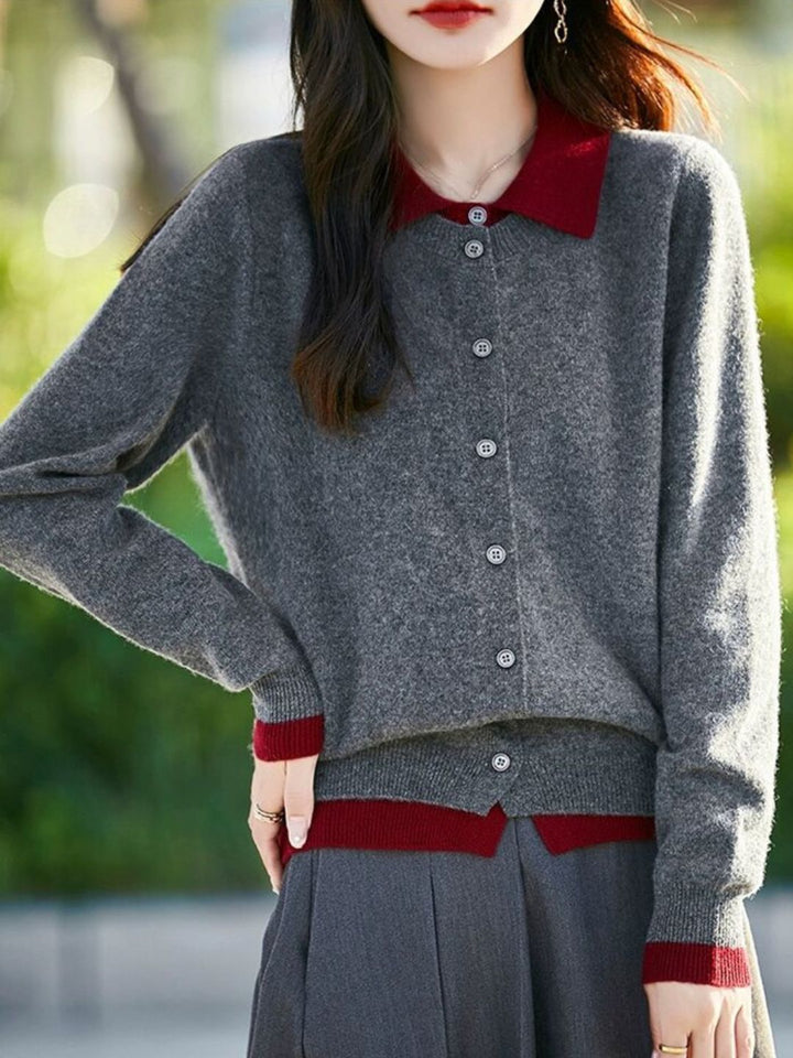 Casual Lapel Colorblock Knit Cardigan Set - Red
