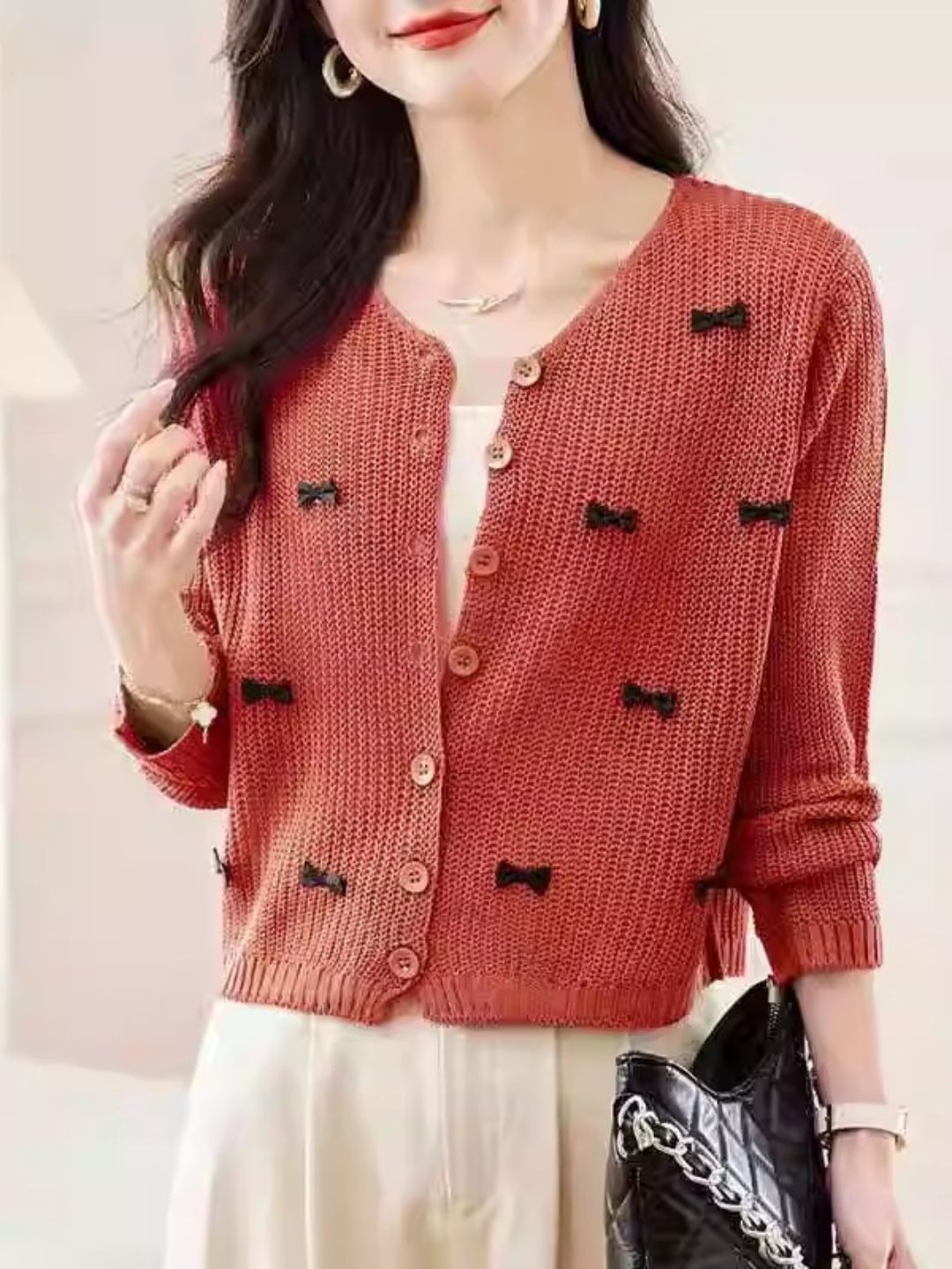 Classic Crew Neck Bow Knitted Top - Green