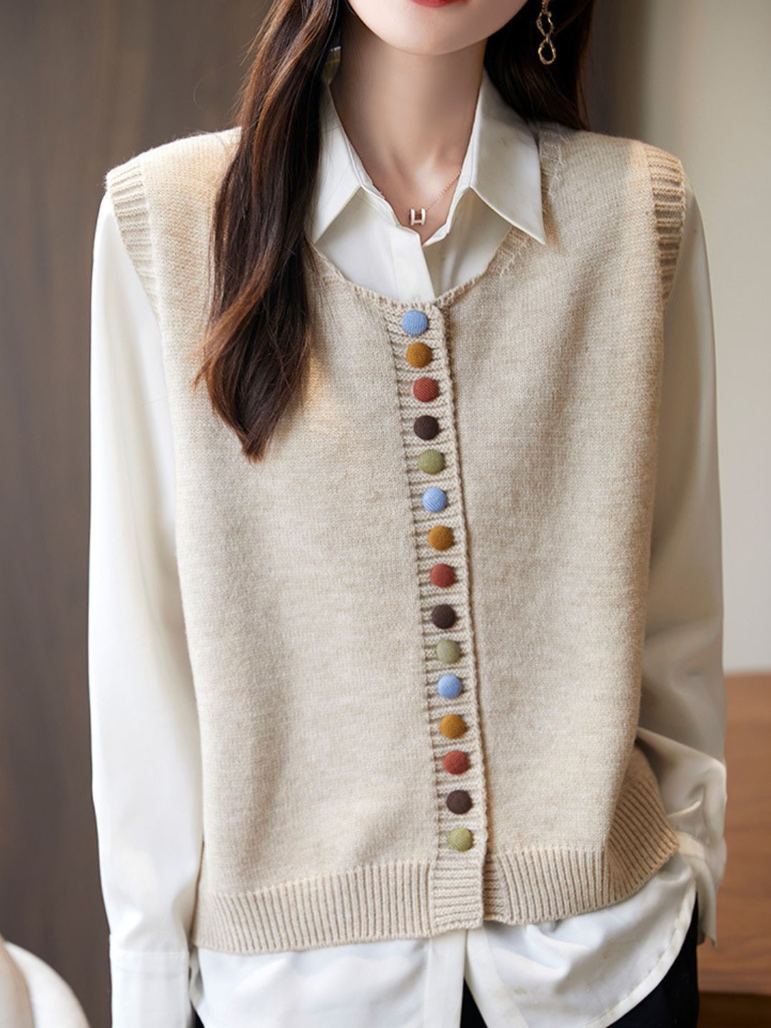 Rainbow Button Knit Vest - Red