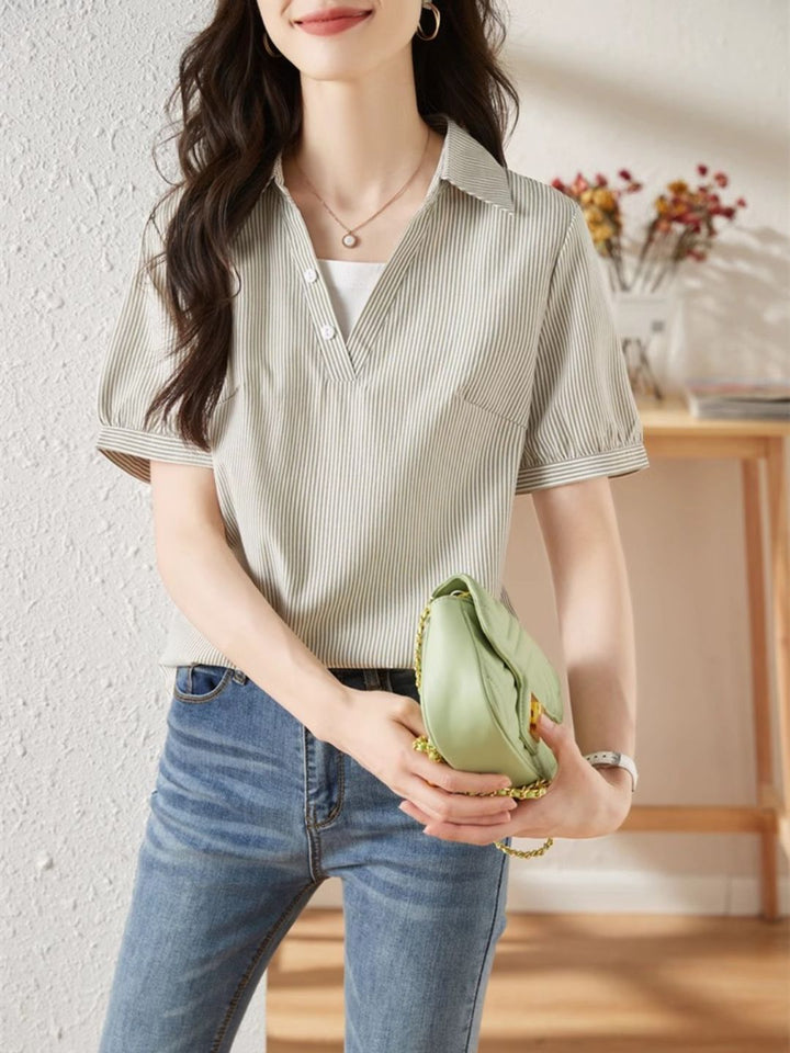 Striped Short-sleeved Lapel Shirt