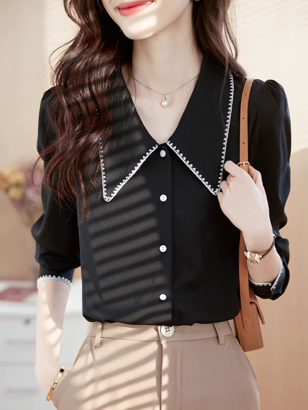 Lapel Chiffon Shirt - Black