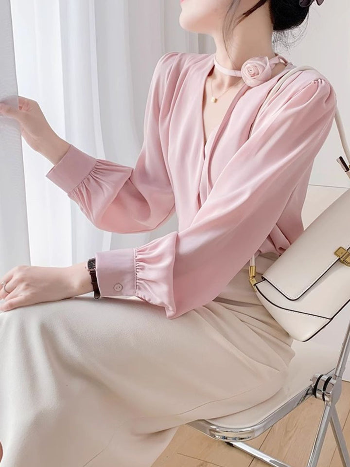 Gentle Style Rose Halter Neck Chiffon Shirt - Blue