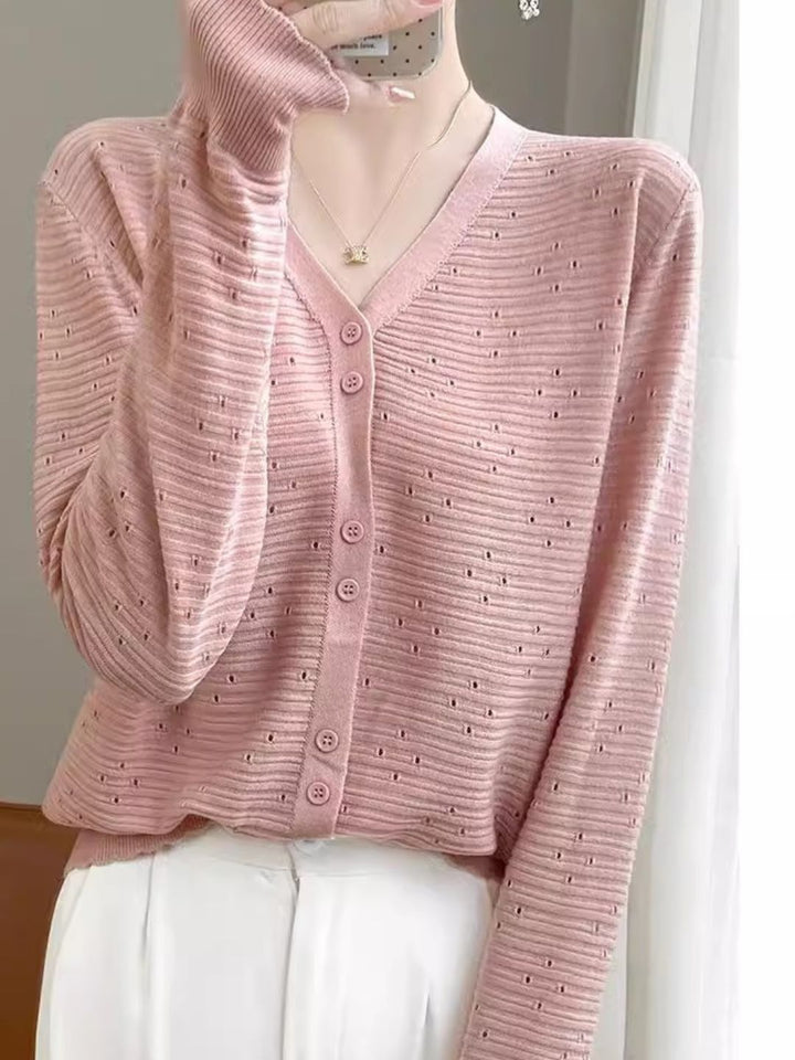 Long Sleeve V-Neck Top Hollow Knit Cardigan - Pink