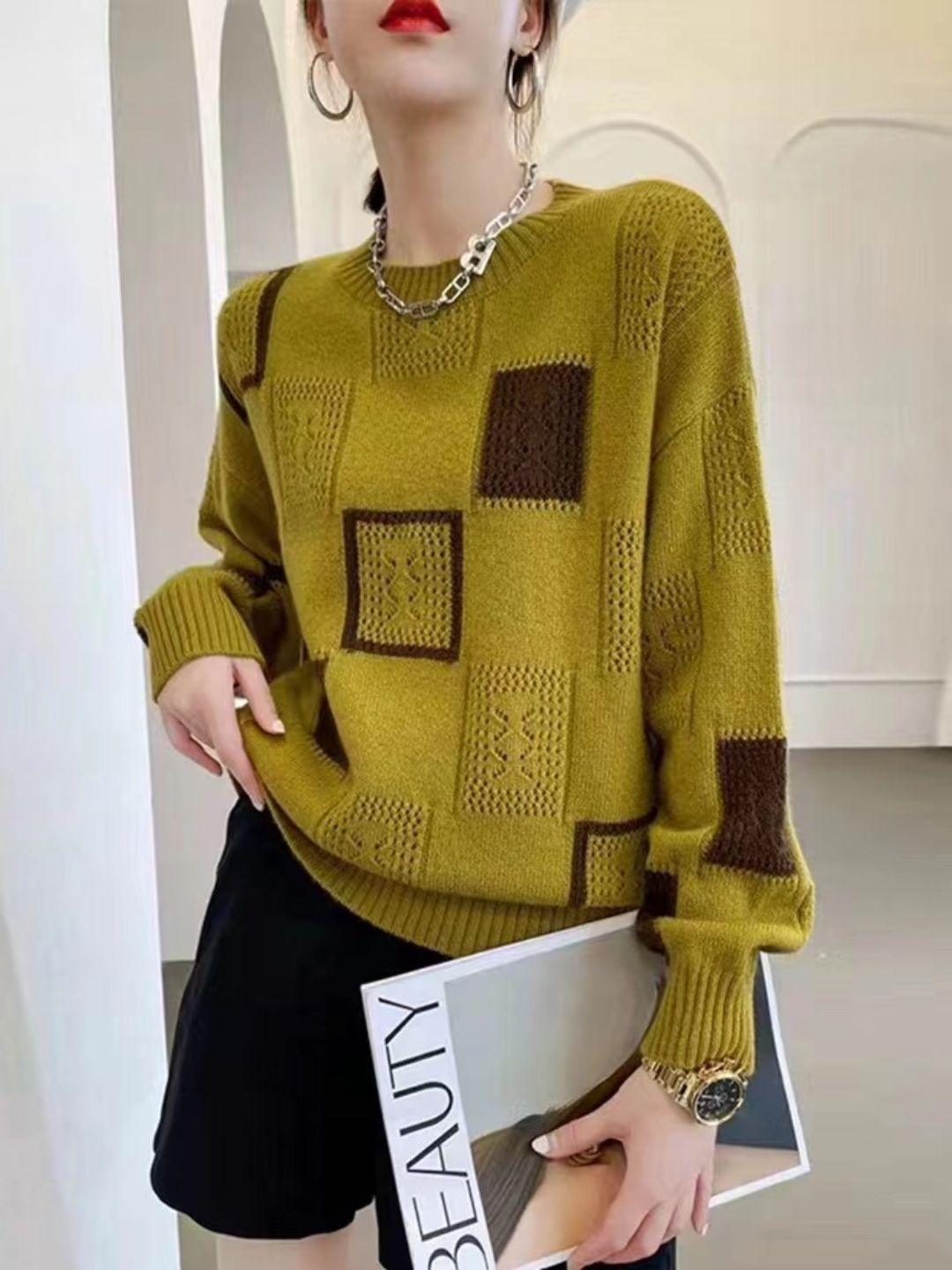 Colorblock Check Crew Neck Sweater