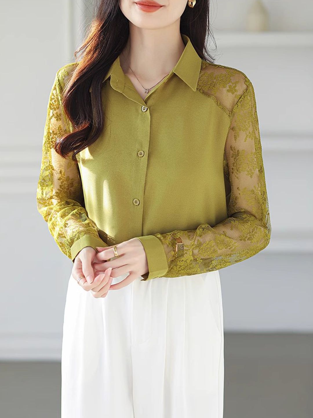 Lace Loose Lapel Chiffon Shirt - Red