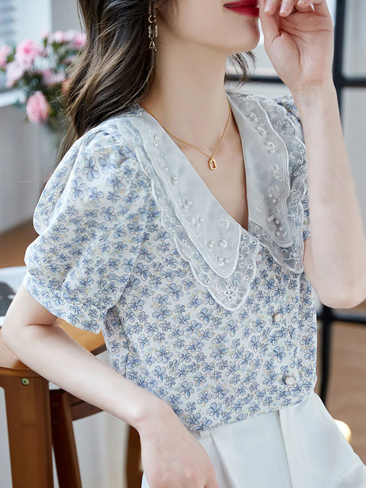 Classic Floral Printed Beaded Chiffon Shirt -Blue