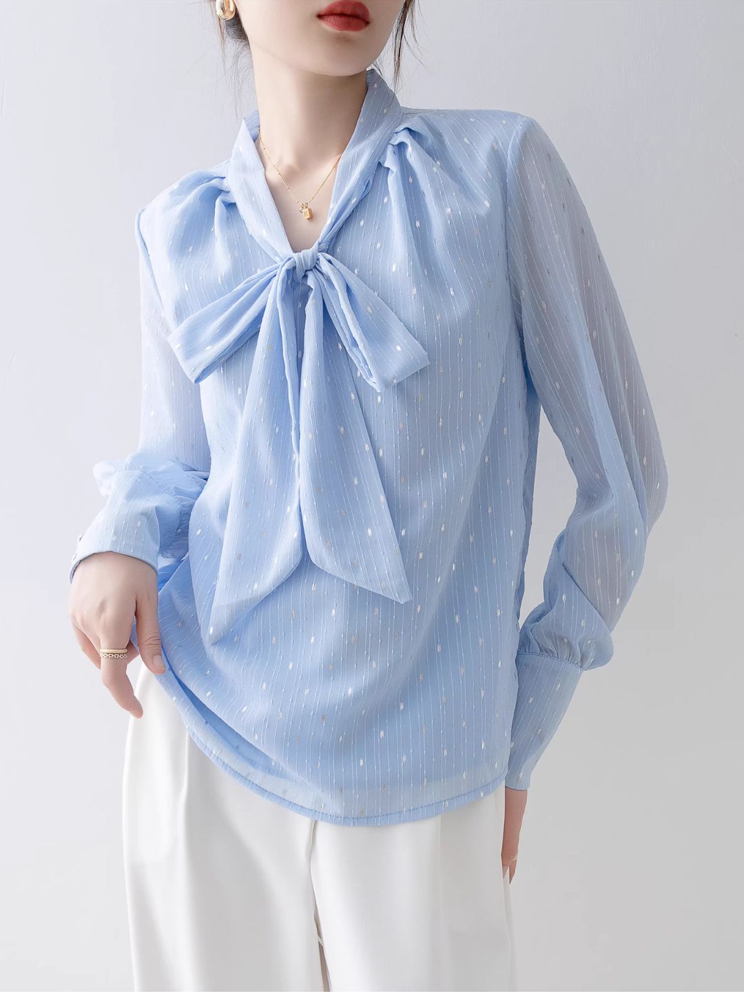 Loose V-Neck Bow Shirt