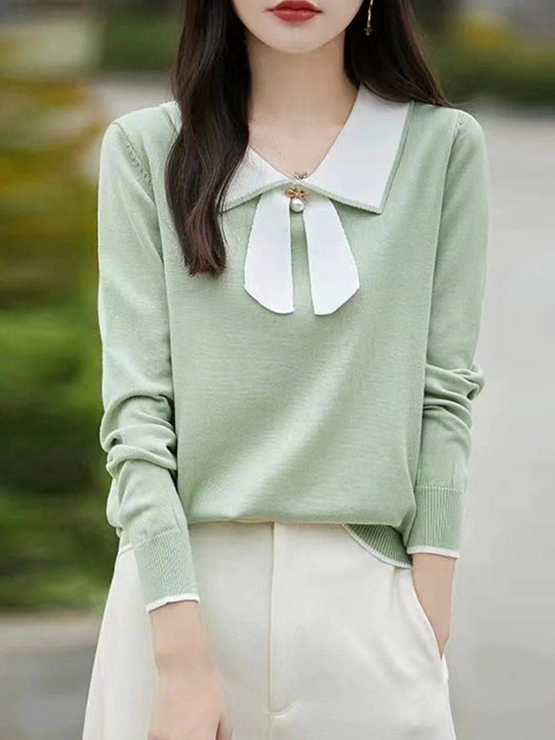 Doll Collar Bow Colorblock Knitted Top