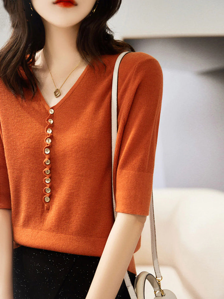 Loose V-Neck Button Knitted Top - Orange
