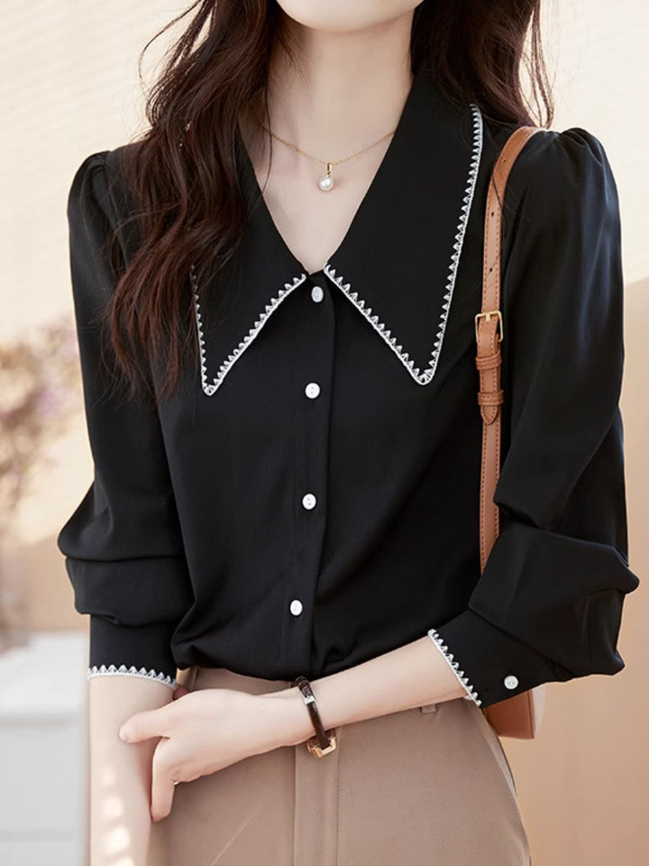 Lapel Chiffon Shirt - Black