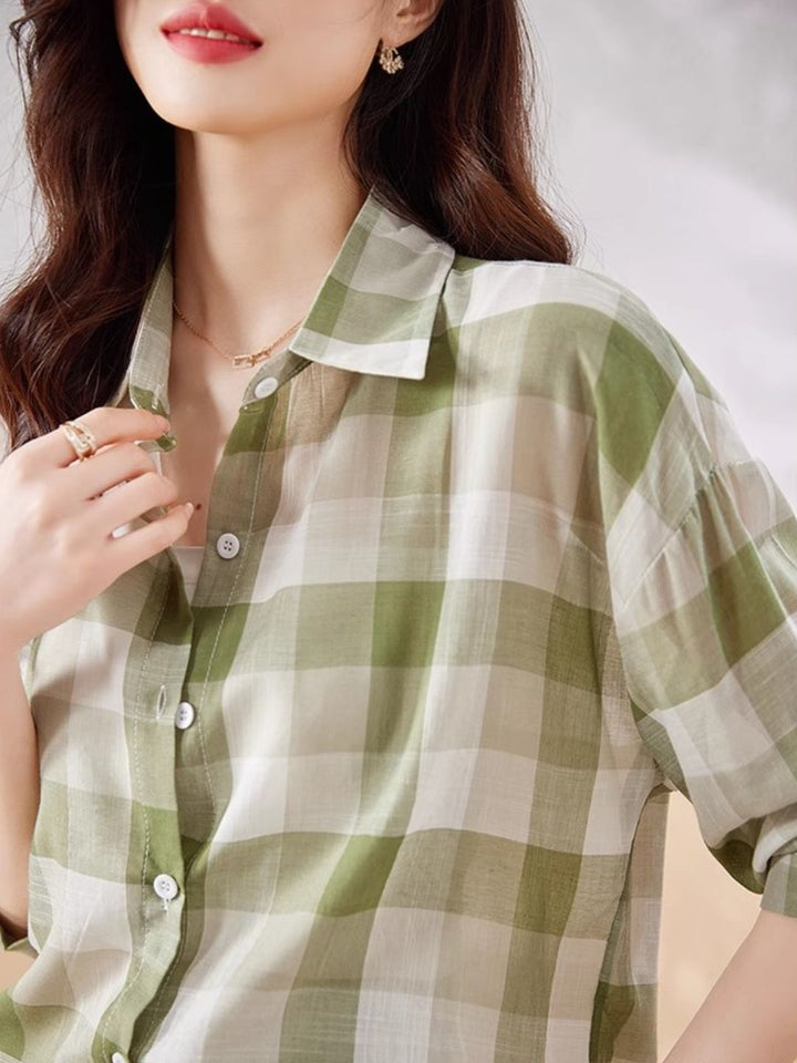 Plaid Chiffon Long Sleeve Shirt - Green