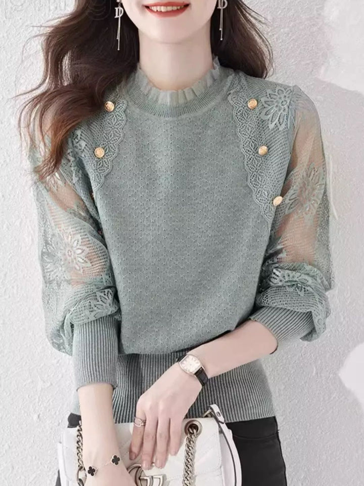 Chic Thin Lace Knitted Bottoming Sweater - Green