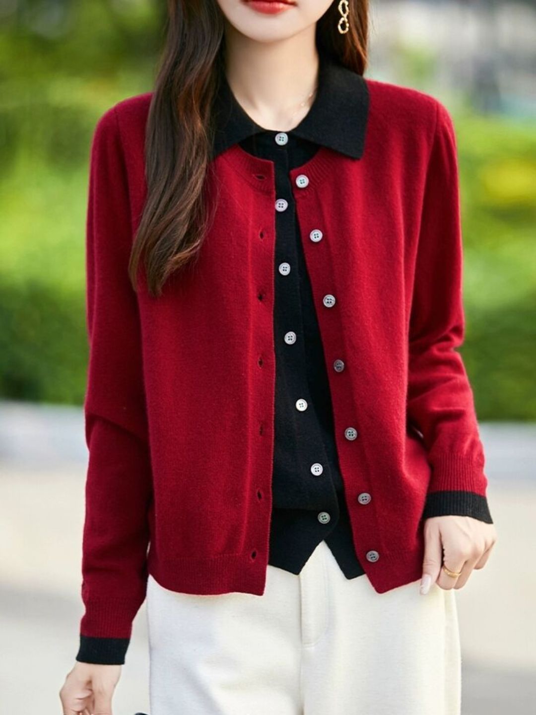 Casual Lapel Colorblock Knit Cardigan Set - Red